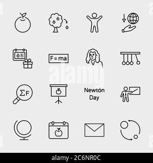 Newton's Day Line Icon. Newton, Laws of gravity, Flying Apple. Editable Stroke Stock Vector