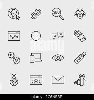 SEO Line Icons. Web icon, Eye, Localization, Link, Translate. Editable Stroke Stock Vector
