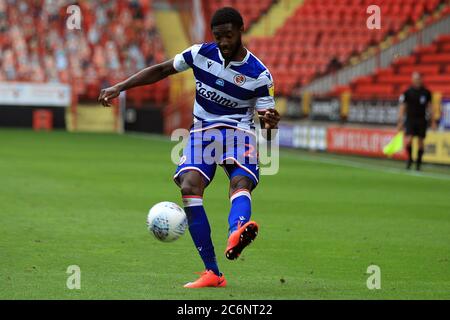 London, UK. 11th July, 2020. Tyler Blackett of Reading in action during the game. EFL Skybet Championship match, Charlton Athletic v Reading at the Valley in London on Saturday 11th July 2020. this image may only be used for Editorial purposes. Editorial use only, license required for commercial use. No use in betting, games or a single club/league/player publications. pic by Steffan Bowen/Andrew Orchard sports photography/Alamy Live news Credit: Andrew Orchard sports photography/Alamy Live News Stock Photo