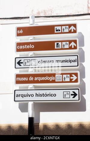 Silves Municipal Direction Sign Post For Local Tourist And Visitor Points Of Interest Stock Photo