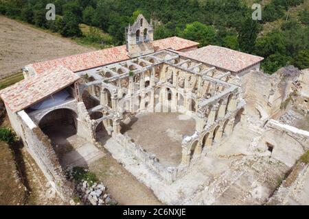 Aerial view of the Ruins Of An Ancient Abandoned Monastery In Santa Maria De Rioseco, Burgos, Spain. High quality photo Stock Photo