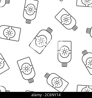 Sun protection icon in flat style. Sunblock cream vector illustration on white isolated background. Spf care seamless pattern business concept. Stock Vector