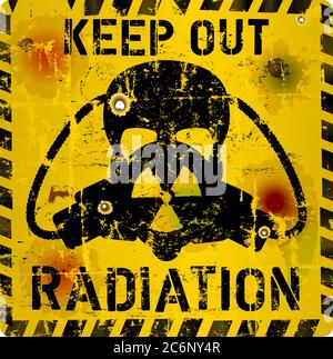 Radiation warning sign, skull and gas mask, grungy style,vector illustration Stock Vector