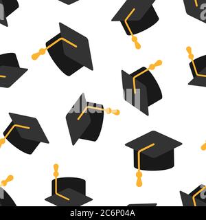 Graduation hat icon in flat style. Student cap vector illustration on white isolated background. University seamless pattern business concept. Stock Vector