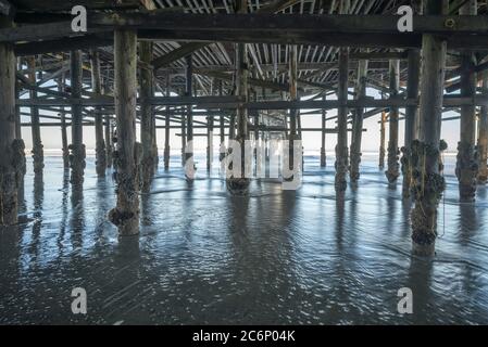 View from under Crystal Pier at Mission Beach on a summer morning. San Diego, California, USA. Stock Photo
