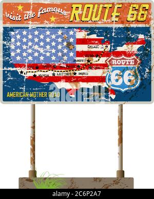 Route 66 sign,distressed grungy roadsign, retro style, vector  illustration Stock Vector