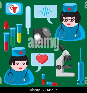 medical icon set doctor and medical equipment on a green isolated background. Vector image Stock Vector