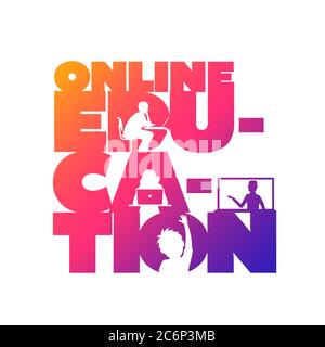 Online education.Silhouette students watching lesson, boy raises hand in the lesson and the teacher explains the teacher explains the lesson in laptop. Stock Vector