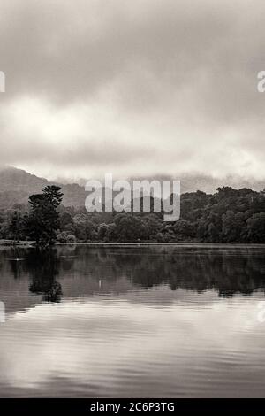 Morning fog softens the mountains in the distance, reflected in the water of Beaver Lake in Asheville, NC, USA Stock Photo
