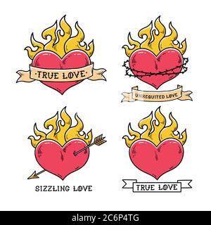 Set of Flaming Heart Tattoos with ribbon. Stock Vector