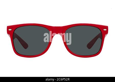 Sunglasses with a red plastic frame and black lenses isolated on white background. Stock Photo