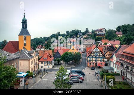 The colourful village Hohnstein in Saxon Switzerland in Germany Stock Photo