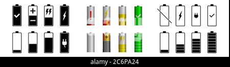 Battery charging icon set. 3D and flat icons. Smartphone power from empty to full. Vector illustration. Stock Vector