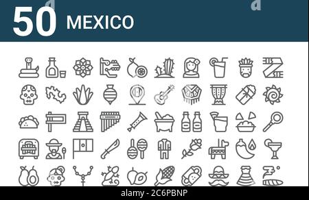 set of 50 mexico icons. outline thin line icons such as cigar, avocado, marimbol, taco, skull, tequila, molcajete Stock Vector