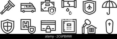 12 set of linear insurance icons. thin outline icons such as coffin, safe box, hotel, plane, travel insurance, ambulance for web, mobile Stock Vector