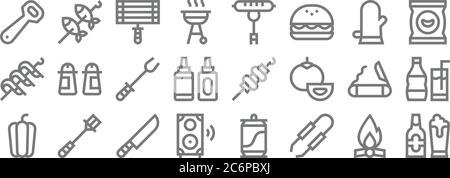 barbecue line icons. linear set. quality vector line set such as beer, clamp, speaker, bell pepper, , barbecue, chips, sausage, fish Stock Vector