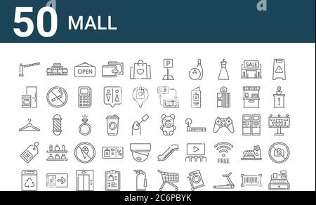 set of 50 mall icons. outline thin line icons such as cashier, recycle bin, price tag, clothes hanger, kitchen appliance, mall, teddy bear Stock Vector