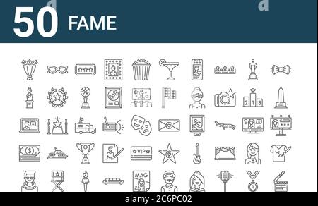 set of 50 fame icons. outline thin line icons such as clapperboard, man, money, video chat, sculpture, sunglasses, letter Stock Vector