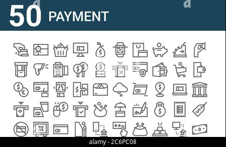 set of 50 payment icons. outline thin line icons such as money, no cit card, atm, exchange, atm, gift card, cloud Stock Vector