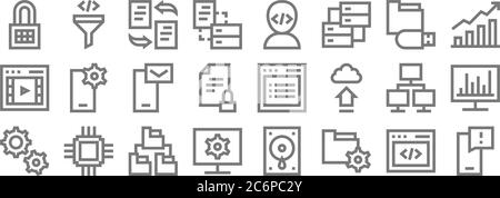 development line icons. linear set. quality vector line set such as smartphone, folder, monitor, gears, servers, send, stats, programmer, code Stock Vector