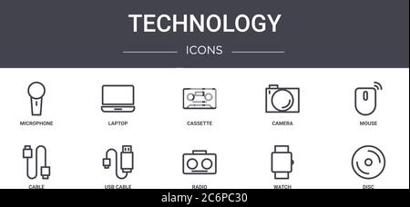 technology concept line icons set. contains icons usable for web, logo, ui/ux such as laptop, camera, cable, radio, watch, disc, mouse, cassette Stock Vector