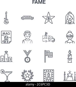 set of 16 fame concept vector line icons. 64x64 thin stroke icons such as limousine, magazine, woman, flag, wreath, carpet, mirror, broadcasting, woma Stock Vector