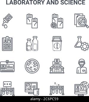 set of 16 laboratory and science concept vector line icons. 64x64 thin stroke icons such as glove, result, bioengineering, laboratory, chemistry, comp Stock Vector
