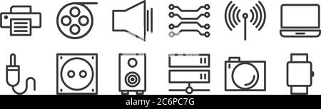 12 set of linear technology icons. thin outline icons such as watch, server, electric socket, , sound, cinema reel for web, mobile Stock Vector