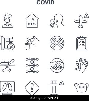 set of 16 covid concept vector line icons. 64x64 thin stroke icons such as quarantine, ventilation, checklist, no handshake, attention, mask, travel, Stock Vector
