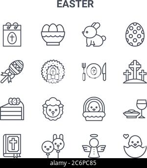 set of 16 easter concept vector line icons. 64x64 thin stroke icons such as easter egg, lollipop, cross, chick, balloons, chick, angel, food, easter e Stock Vector
