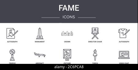 fame concept line icons set. contains icons usable for web, logo, ui/ux such as monument, director chair, trophy, picture, torch, video chat, autograp Stock Vector