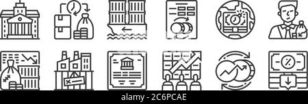 12 set of linear economic crisis icons. thin outline icons such as interest rate, stock market, bankruptcy, debt, import, liquidity for web, mobile Stock Vector