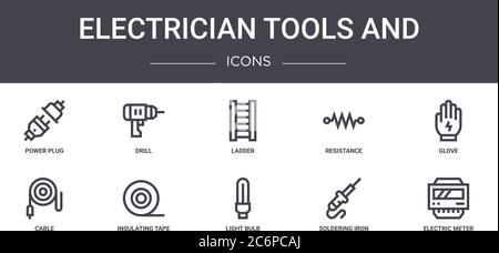 electrician tools and concept line icons set. contains icons usable for web, logo, ui/ux such as drill, resistance, cable, light bulb, soldering iron, Stock Vector