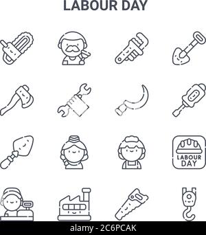 set of 16 labour day concept vector line icons. 64x64 thin stroke icons such as plumber, axe, screwdriver, maid, factory, crane, saw, sickle, shovel Stock Vector