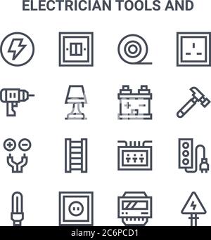set of 16 electrician tools and concept vector line icons. 64x64 thin stroke icons such as light switch, drill, hammer, fuse box, power socket, electr Stock Vector