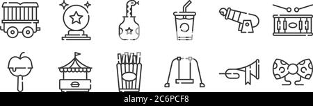 12 set of linear circus icons. thin outline icons such as bow tie, swing, food stand, human cannonball, snake, crystal ball for web, mobile Stock Vector