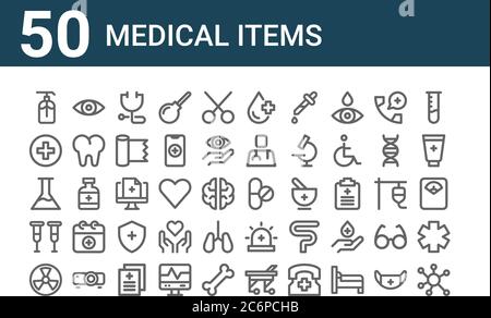 set of 50 medical items icons. outline thin line icons such as virus, , crutches, flask, health, eye, no drugs, blood, screen, siren Stock Vector