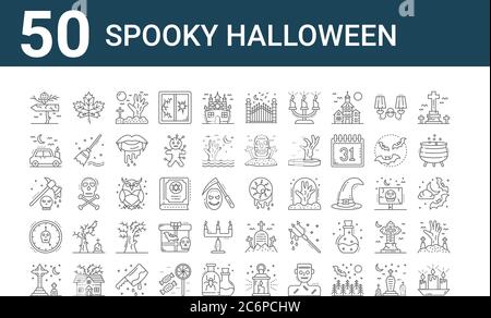 set of 50 spooky halloween icons. outline thin line icons such as candle, graveyard, clock, axe, car, maple leaf, eye ball, gate, owl, graveyard Stock Vector