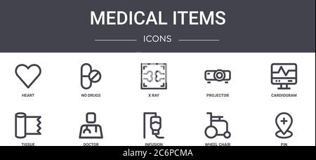 medical items concept line icons set. contains icons usable for web, logo, ui/ux such as no drugs, projector, tissue, infusion, wheel chair, pin, card Stock Vector