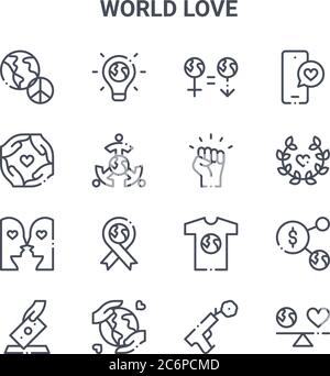 set of 16 world love concept vector line icons. 64x64 thin stroke icons such as earth hour, together, laurel, t shirt, save the world, balance, peace, Stock Vector