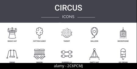circus concept line icons set. contains icons usable for web, logo, ui/ux such as cotton candy, balloon, swing, dumbbells, party hat, ice cream, micro Stock Vector