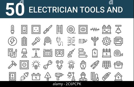 set of 50 electrician tools and icons. outline thin line icons such as electricity, distribution board, hammer, multimeter, electricity, switch on, so Stock Vector