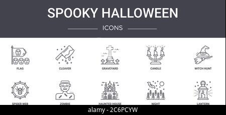 spooky halloween concept line icons set. contains icons usable for web, logo, ui/ux such as cleaver, candle, spider web, haunted house, night, lantern Stock Vector