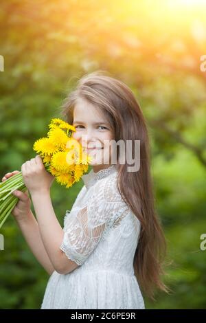 fashionable girl in a light dress poses and holds a large bouquet of yellow dandelions Stock Photo