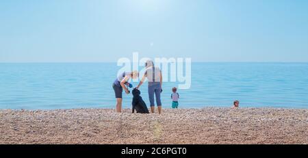 On the beach, two females take care of their dog which is probably too hot, dehydrated or just tired... Stock Photo