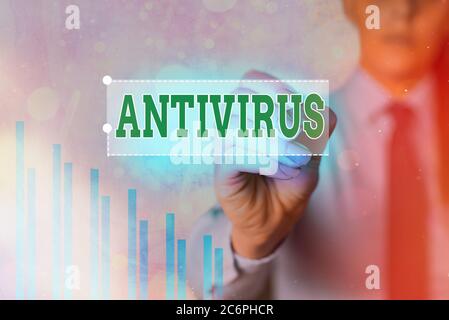 Text sign showing Antivirus. Business photo showcasing suitable for the detection and removal of computer viruses Arrow symbol going upward denoting p Stock Photo