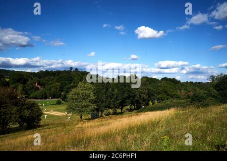 Abinger Hammer Cricket Club play Worplesdon & Burpham cricket club, Surrey. Stock Photo