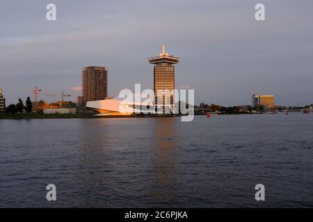 Amsterdam harbor area close by center seen from the river IJ with the Adam toren en the EYE film museum Stock Photo