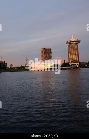 Amsterdam harbor area close by center seen from the river IJ with the Adam toren en the EYE film museum Stock Photo