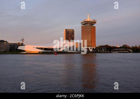 Amsterdam harbor area close by center seen from the river IJ with the Adam toren en the EYE film museum Stock Photo